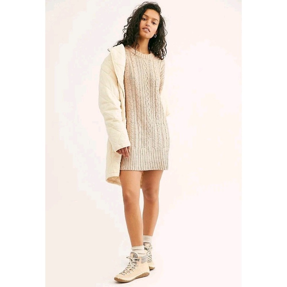 FREE PEOPLE Good As Gold Cableknit Long Sweater/ Dress sz XS Oversized Slouchy